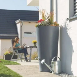150L RainBowl Flower Water Butt With Planter In Blue Grey Granite